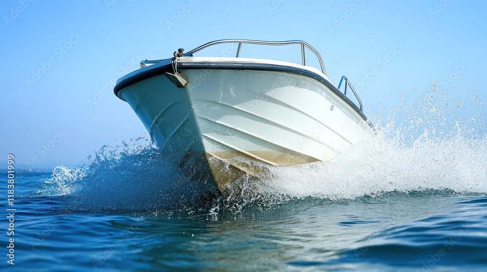 Naklejka premium Speedboat Adventure: A White Boat Cutting Through Ocean Waves on a Sunny Day