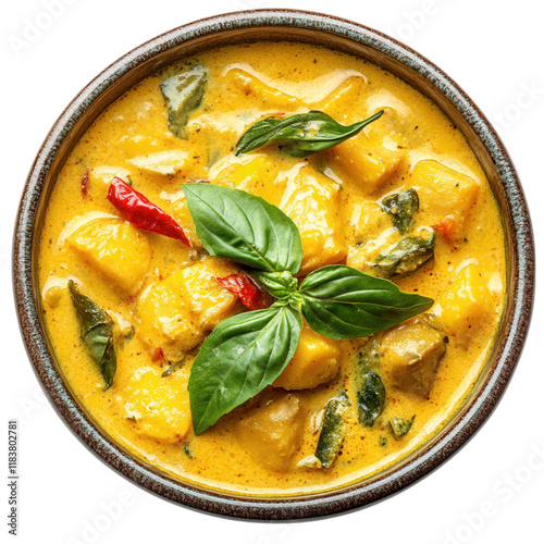Vibrant yellow curry in a ceramic bowl with garnish on a clean white background, inviting and appetizing presentation