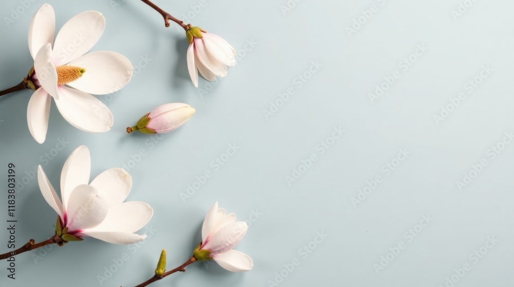 Fototapeta premium Delicate Magnolia Blossoms on a Light Blue Background, Perfect for Springtime Designs and Celebrations