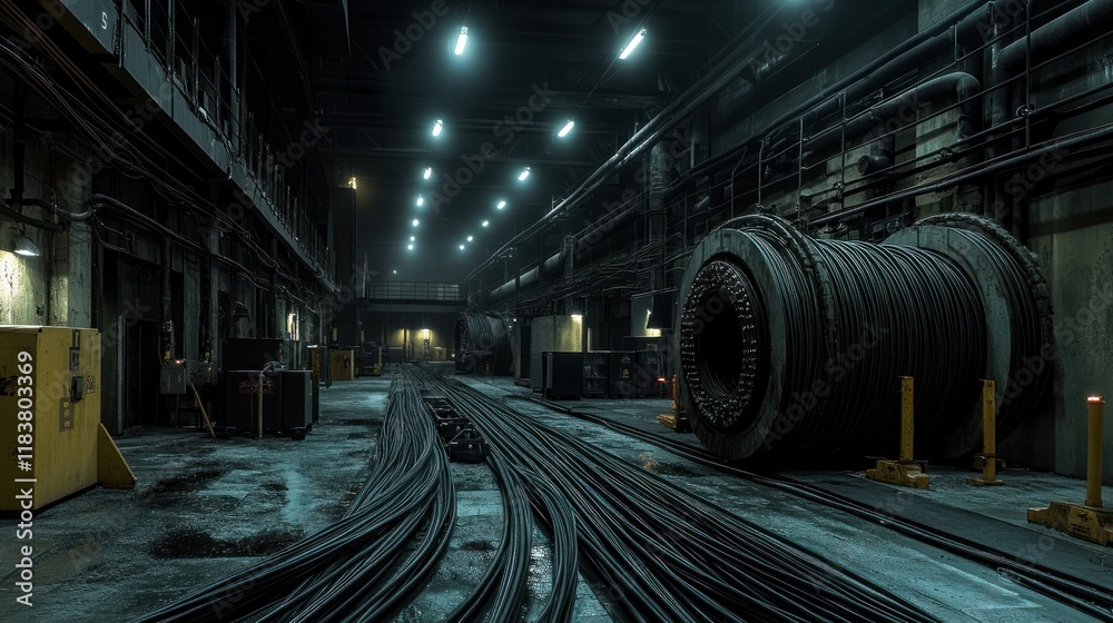 Fototapeta premium Deep within the industrial heart: A mesmerizing view of colossal cables and machinery in a dimly lit factory setting, evoking a sense of mystery and raw power.