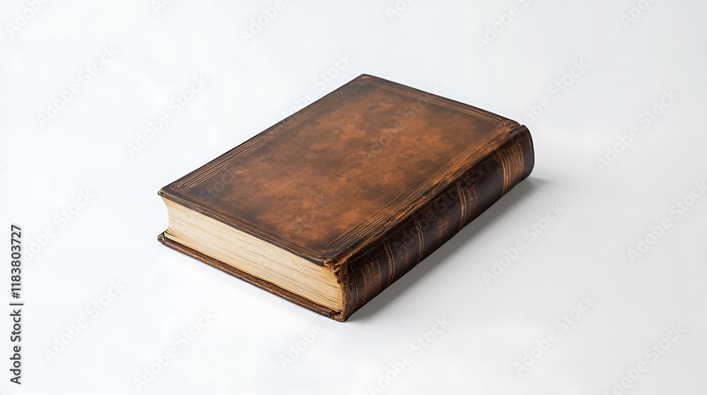 A leather bound book with a tan cover sits on a white background A leather bound book with a tan cover sits on a white background