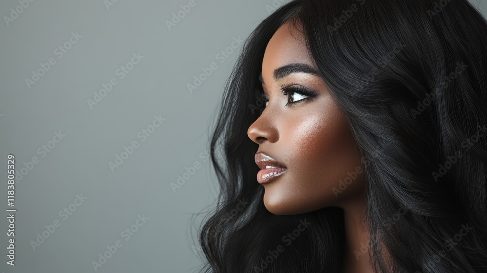 A captivating profile shot of a stunning woman showcases her long, lustrous, and elegantly wavy hair. Her charismatic beauty and expressive facial expressions exude confidence and charm A captivating profile shot of a stunning woman showcases her long, lustrous, and elegantly wavy hair. Her charismatic beauty and expressive facial expressions exude confidence and charm