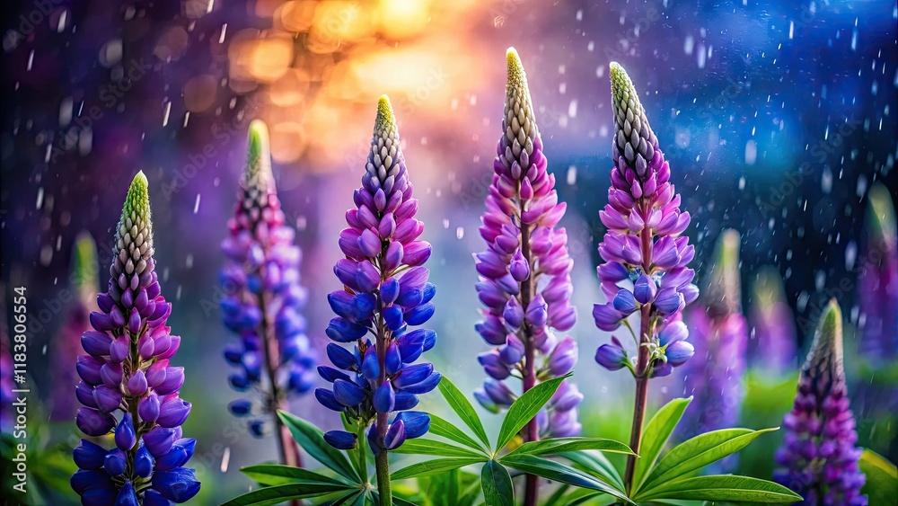 Obraz premium Rain-soaked lupins bloom in stunning slow-motion floral portraits, capturing nature's ephemeral beauty.