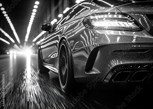 A sleek car in motion, captured in a high-contrast black and white tunnel scene.