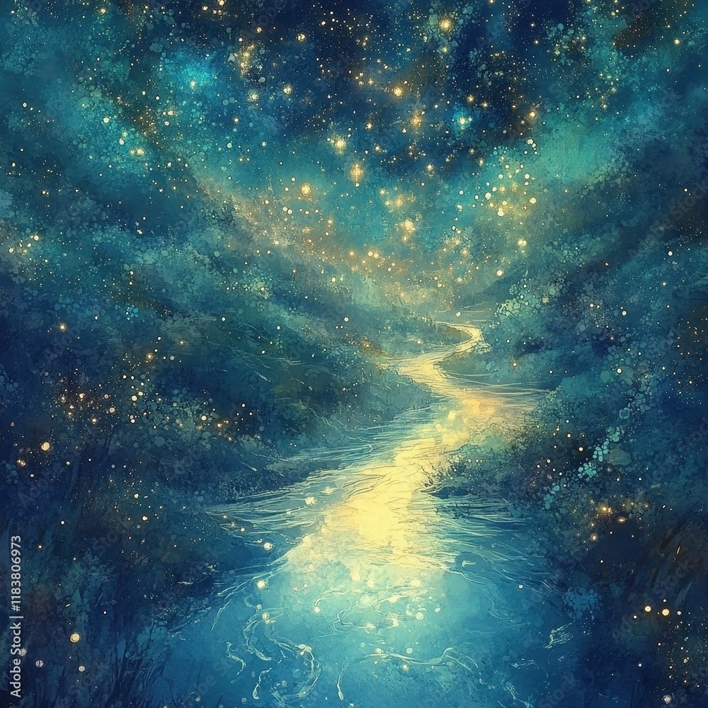 Fototapeta premium Celestial River Flows Through A Starlit Night Landscape