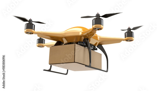 drone in flight, carrying a brown cardboard package with transparent background