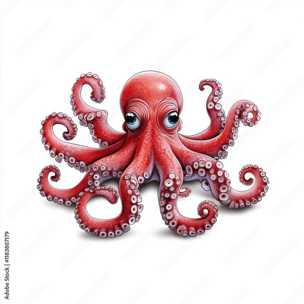 Obraz premium Adorable Red Octopus: Big Eyes, Curled Tentacles, Ocean Charm!