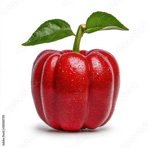 Juicy Red Pepper: A tempting, vibrant, and fresh pepper with dewy skin and green leaves. Delicious!