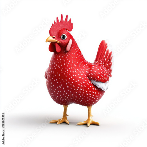 Adorable Red Hen with White Polka Dots, Standing on White Background
