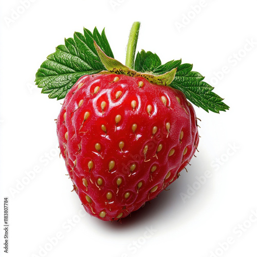Luscious Red Strawberry, vibrant and juicy, gleaming against a pure white backdrop.