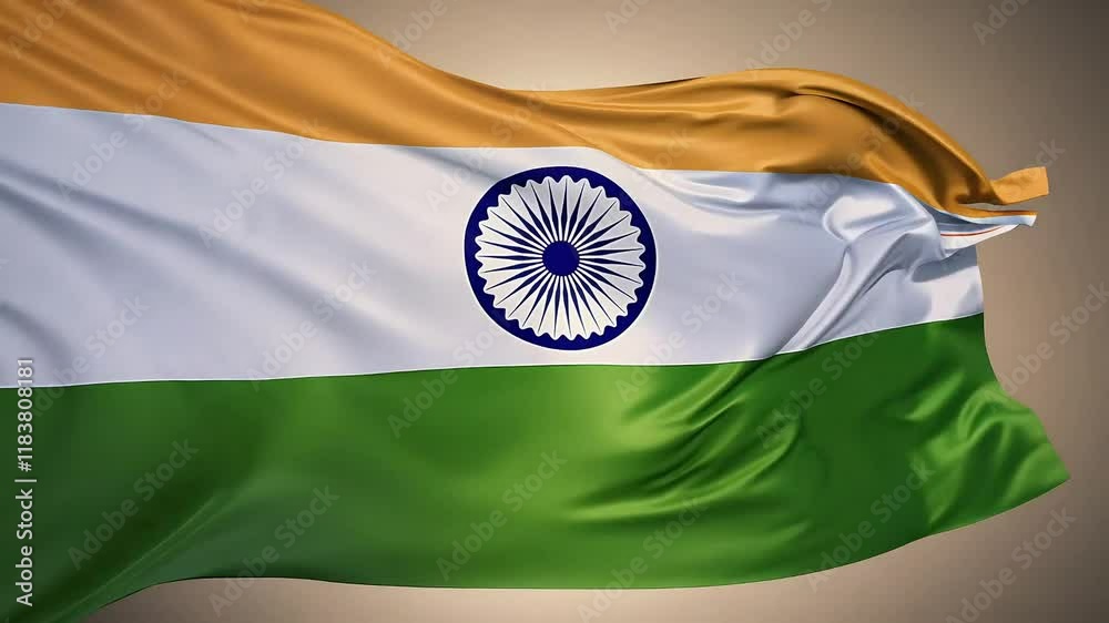 Waving Indian National Flag on Beige Background, Close-Up of Tricolor Flag Fluttering in the Wind