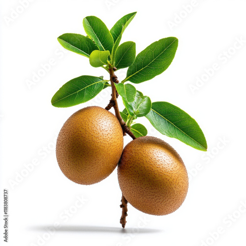 Golden Sapodilla Twins on Branch with Lush Green Leaves