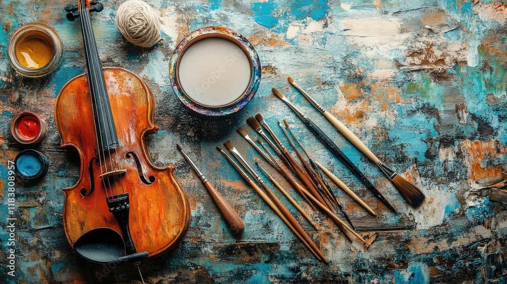 Naklejka premium Artistic Symphony: Violin, Paints, and Brushes on a Textured Canvas