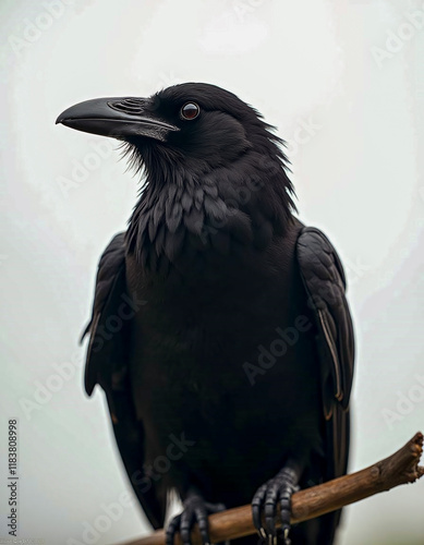 A black crow is perched on a branch. The bird has a menacing look on its face, and its eyes are wide open. Concept of foreboding and danger, as if the crow is watching over something or someone