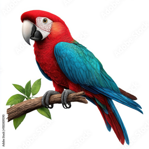 Vibrant Scarlet Macaw perched on a branch, showcasing its iridescent plumage against a pristine white background.
