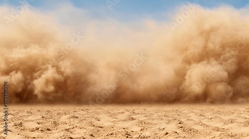 A dusty landscape with a swirling dust cloud against a blue sky, conveying the harshness of arid environments.