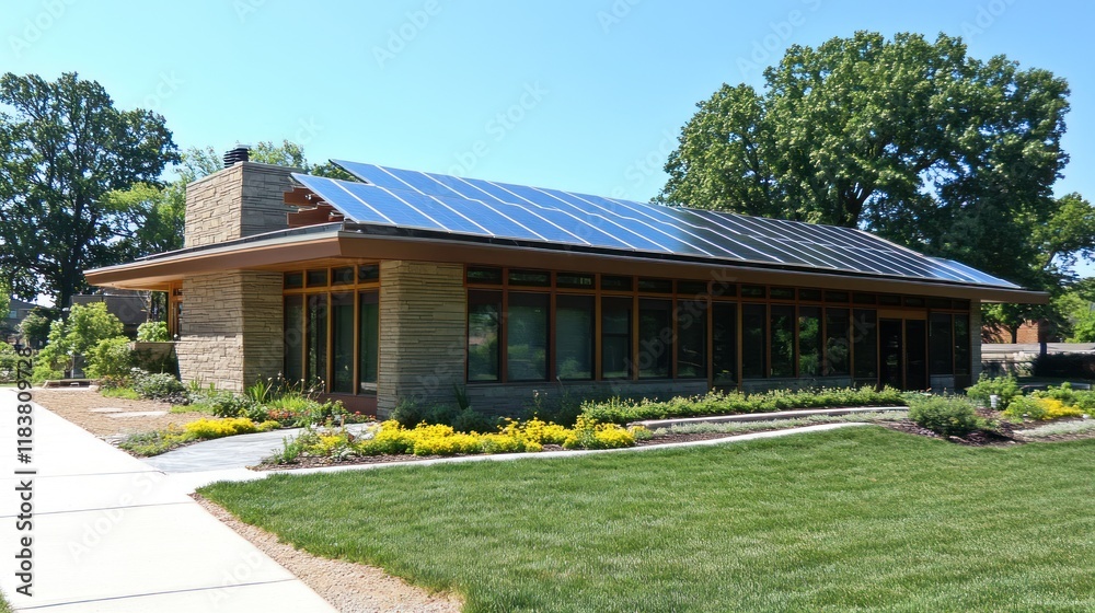 Sustainable Modern Building with Solar Panels Sustainable Modern Building with Solar Panels