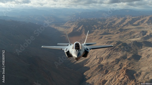 F-35 Lightning II jet, soars above rugged mountains under a cloudy sky, showcasing advanced aviation technology and stunning natural scenery.