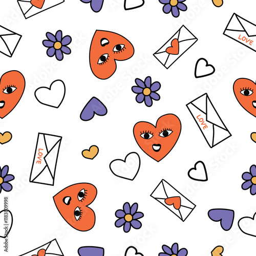 Seamless Pattern for st. Valentine's Day. Love outline icons set.