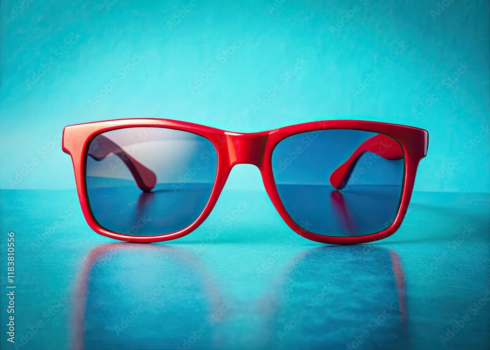 Sleek red frames, cool blue lenses. A minimalist still life showcasing stylish sunglasses. Sleek red frames, cool blue lenses. A minimalist still life showcasing stylish sunglasses.