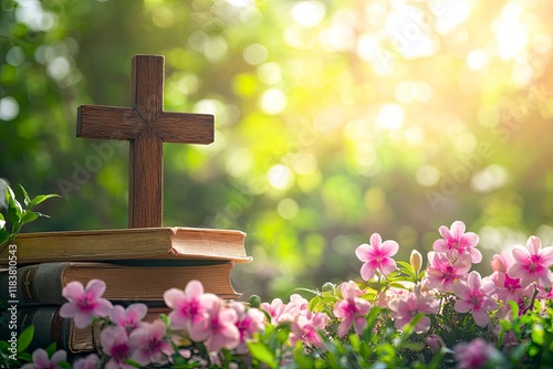 Christian religion background. biblical books, Christian cross and flowers in garden. Symbol of Christian Church. Lent, Faith in God, holy Trinity, Pentecost, religion, Easter, Ascension Day concept 