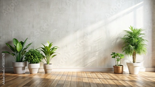 Studio shot: minimalist home decor.  Potted plants on a wooden floor against a white wall.