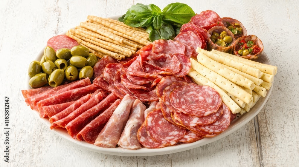 A vibrant platter of assorted cured meats, cheeses, olives, and crackers, garnished with fresh basil, perfect for a gourmet snack or appetizer. A vibrant platter of assorted cured meats, cheeses, olives, and crackers, garnished with fresh basil, perfect for a gourmet snack or appetizer.