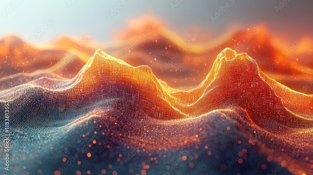 Abstract representation of glowing mountain-like structures with a vibrant, digital aesthetic. Abstract representation of glowing mountain-like structures with a vibrant, digital aesthetic.