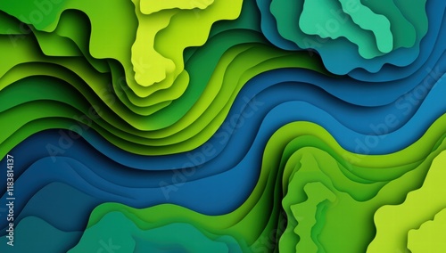 A green and blue landscape with a river running through it