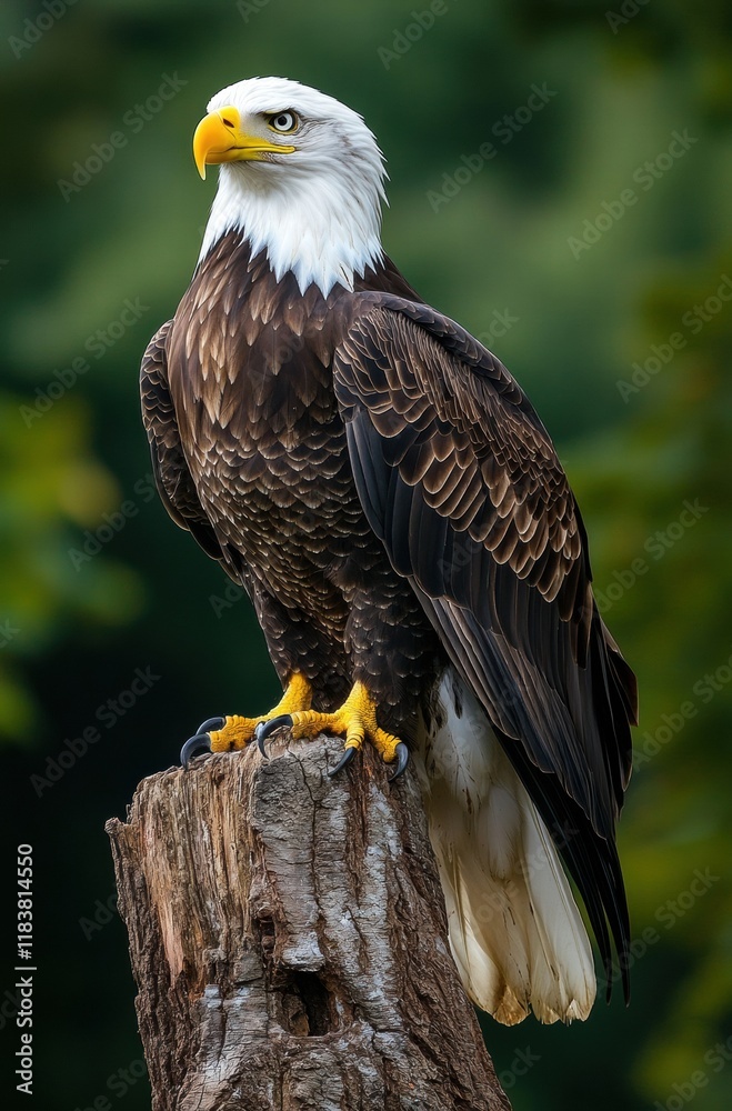 Fototapeta premium A bald eagle stands on a tree stump