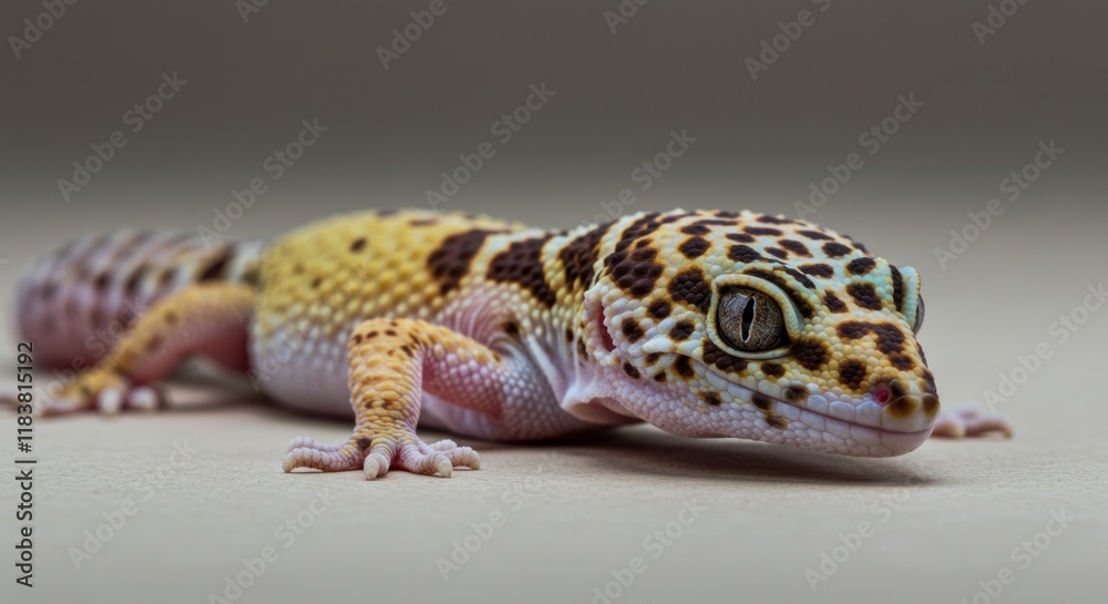 A Juvenile Leopard Gecko Crawls Slowly Across Beige Surface A Juvenile Leopard Gecko Crawls Slowly Across Beige Surface