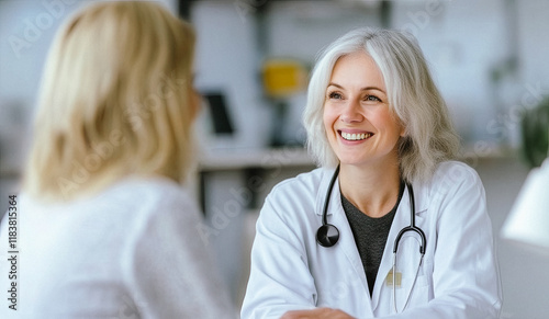 Happy young skilled female general practitioner in white medic uniform visiting disabled smiling middle aged senior patient, showing health analysis on paper, satisfied with treatment results.