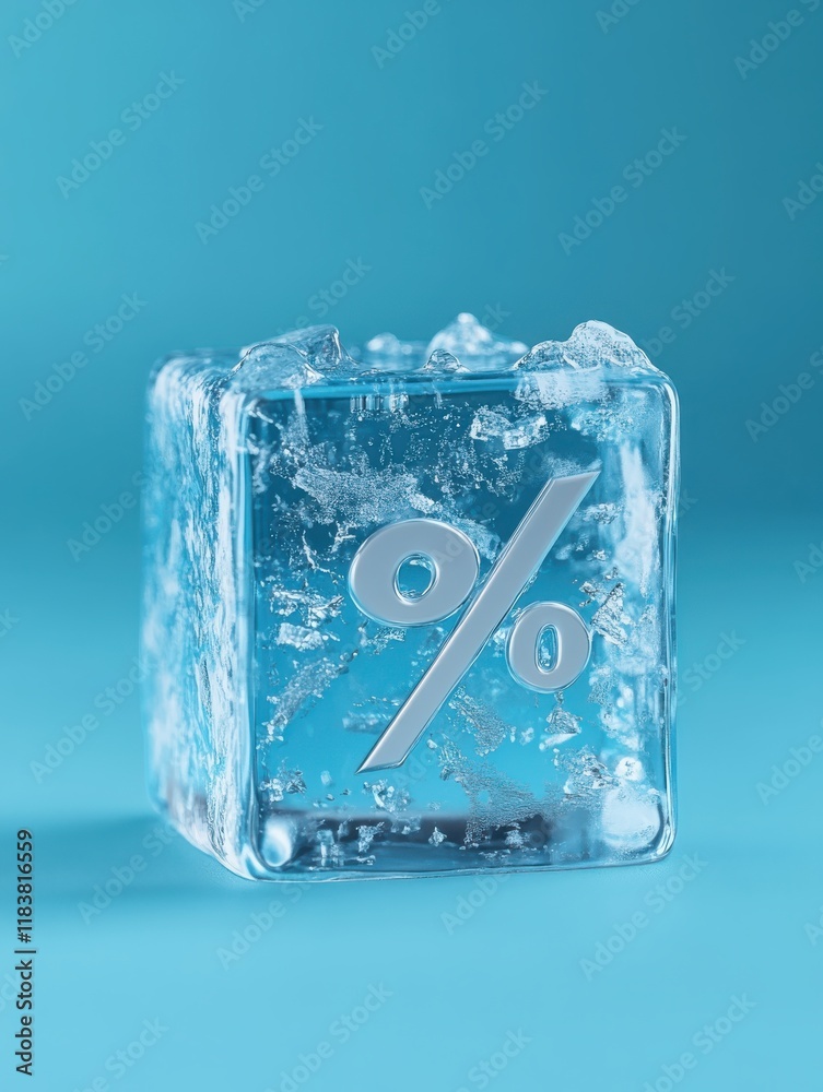 Fototapeta premium A percent symbol is frozen within a clear ice cube with scattered ice shards on top, set against a soothing blue background. This visual is ideal for illustrating discounts or sales