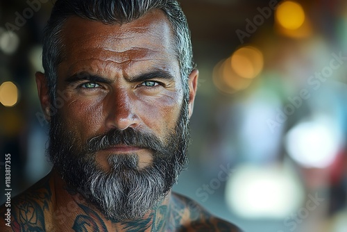 Portrait of a bearded adult with body art, with a blurred background.