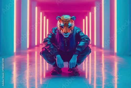 Mysterious young person in a tiger mask crouching in neon lit corridor photo