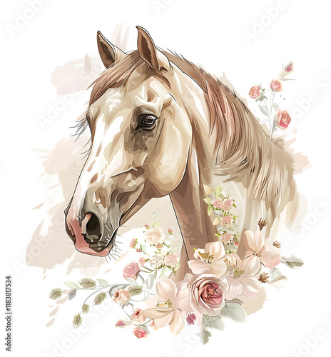 Immerse yourself in the captivating beauty of this digital artwork featuring a stunning horse amidst delicate flowers, perfectly blending animal elegance and natural charm photo