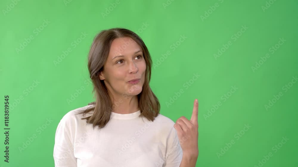 Woman pointing up with thoughtful expression against a green background Woman pointing up with thoughtful expression against a green background