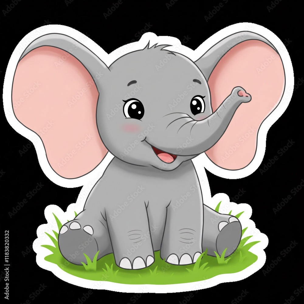 Fototapeta premium Sticker of a cute baby elephant with large ears and a tiny trunk, sitting in the grass with a joyful expression