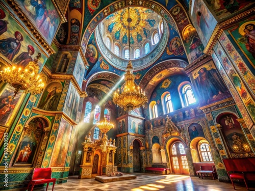 A crane shot reveals divine light bathing the spiritual architecture, Byzantine art, and icons within. photo