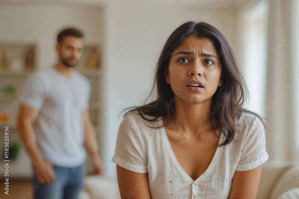 Portrait of unhappy Indian woman and conflict with man in house. Family quarrel. Relationship problem in family, misunderstanding, financial problems Portrait of unhappy Indian woman and conflict with man in house. Family quarrel. Relationship problem in family, misunderstanding, financial problems
