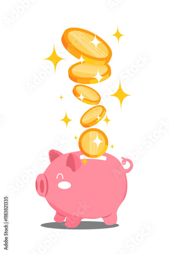 A pink piggy bank with coins dropping into the coin slot. The concept of saving money and financial management. 
