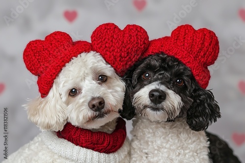 Adorable dogs wearing matching red heart hats, showcasing love and companionship against a soft, heart-themed background. photo