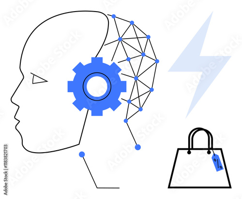 Human head with gear and network nodes, shopping bag, and lightning bolt. Ideal for AI, machine learning, e-commerce, innovation, digital transformation retail technological advancement. Modern