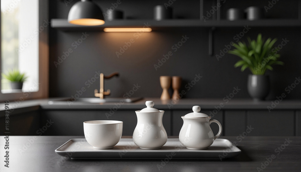 Minimalist white Chinese tea set on black countertop, modern zen design Minimalist white Chinese tea set on black countertop, modern zen design