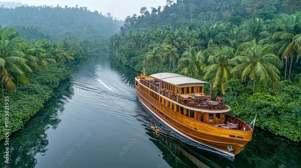 Fototapeta premium Luxury Yacht Cruise on a Tropical River: An Unforgettable Journey Through Lush Green Paradise