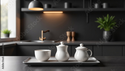 Wallpaper Mural Minimalist white Chinese tea set on black countertop, modern zen design Torontodigital.ca