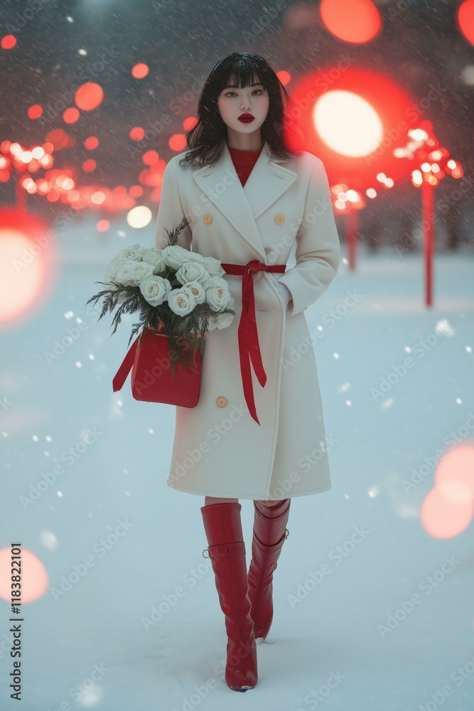 Snowy Winter Night, Stylish Fashion, Floral Bouquet, Gift Giving, Romantic Atmosphere Snowy Winter Night, Stylish Fashion, Floral Bouquet, Gift Giving, Romantic Atmosphere