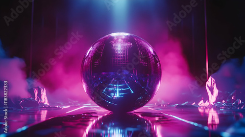 Reflective Sphere in a Neon Purple and Pink Lit Scene with Smoke photo