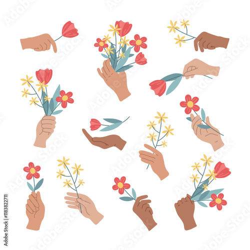 Set of hands in different gestures, holding bouquets of blooming flowers and wildflowers. Spring or summer gift for holiday. Women's day. Girl power. Feminism. Romantic present. Vector illustration