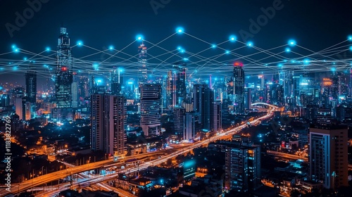 Wallpaper Mural Night cityscape with digital network connections. Torontodigital.ca